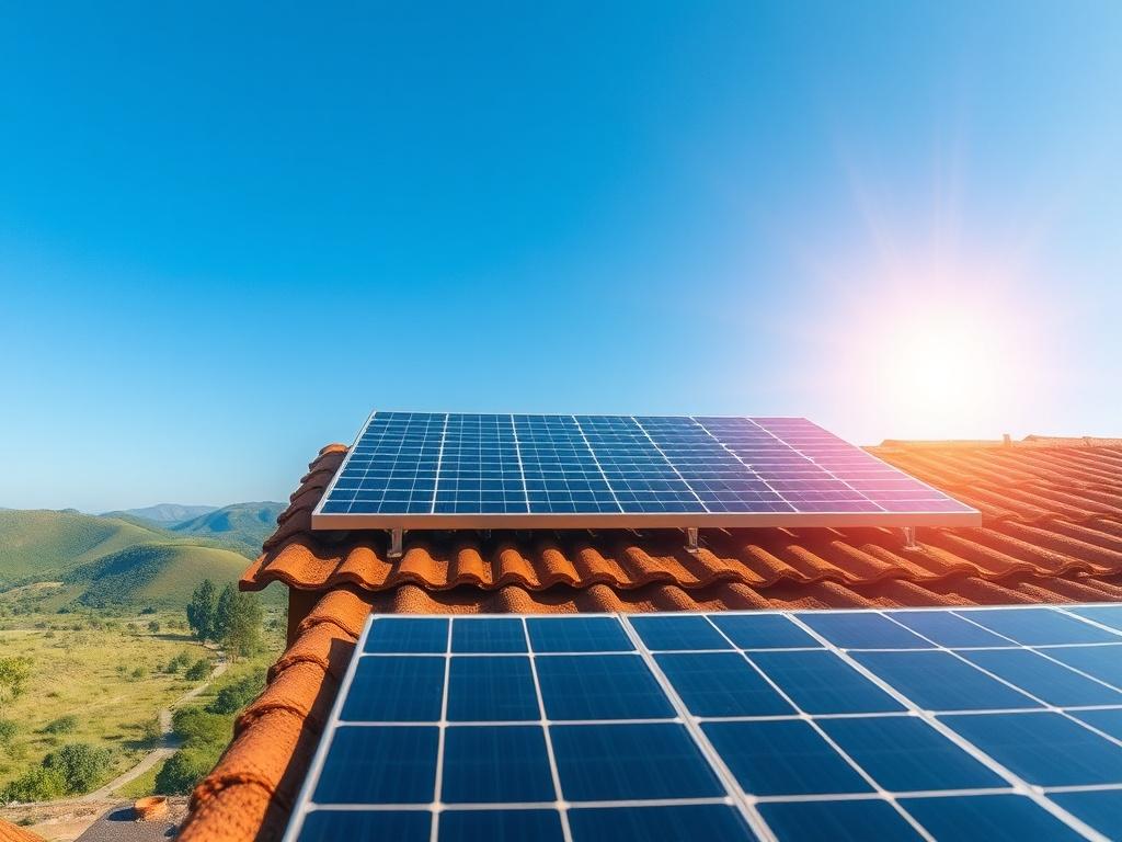 A high-resolution image of a solar panel installation on a rooftop in a rural African setting, with vibrant sunlight illuminating the panels. The background shows a clear blue sky and distant green hills, creating a sense of harmony with nature. The focus should be solely on the solar panels and the sun, emphasizing the technology's clean energy potential.