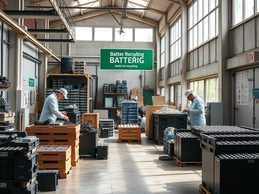 A high-resolution image of a modern battery recycling facility, showcasing technicians carefully sorting and processing used EV batteries. The facility is clean and well-organized, with clear signage emphasizing recycling practices. Natural light filters through large windows, illuminating the workspace and highlighting the importance of sustainable practices.
