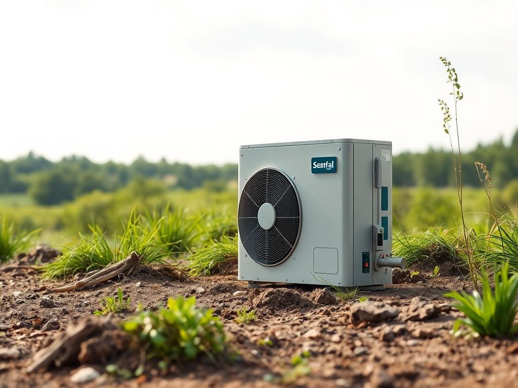 A realistic high-resolution photo of a ground source heat pump installation in a natural landscape. The image should feature a single ground source heat pump unit, showcasing its sleek design and modern technology. The background should depict a serene environment with lush greenery and earthy textures, reflecting sustainability. The composition should focus on the pump, with soft natural lighting enhancing the earthy tones and creating a grounded aesthetic.
