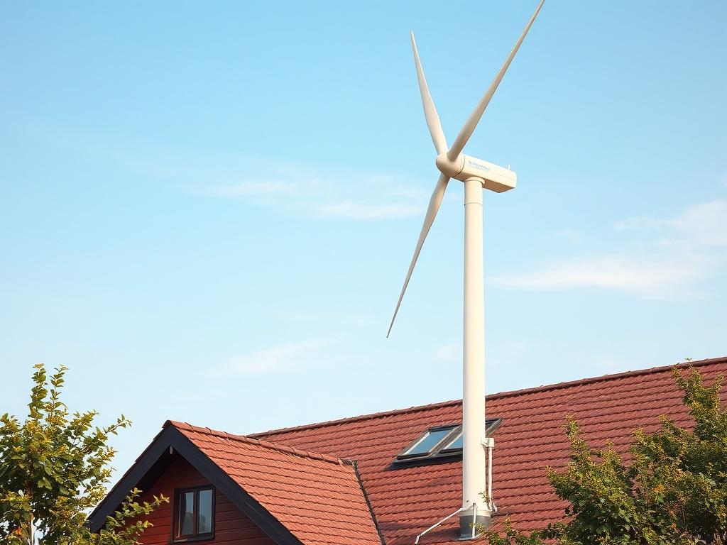A realistic high-resolution image of a sleek wind turbine installed on a residential rooftop, with a clear blue sky in the background. The turbine stands tall and modern, showcasing its blades rotating gently in the wind. Below, glimpse of a cozy home with greenery surrounding it, emphasizing the harmony between nature and technology. Natural tones and earthy textures should dominate the scene, reflecting a grounded and sustainable aesthetic.