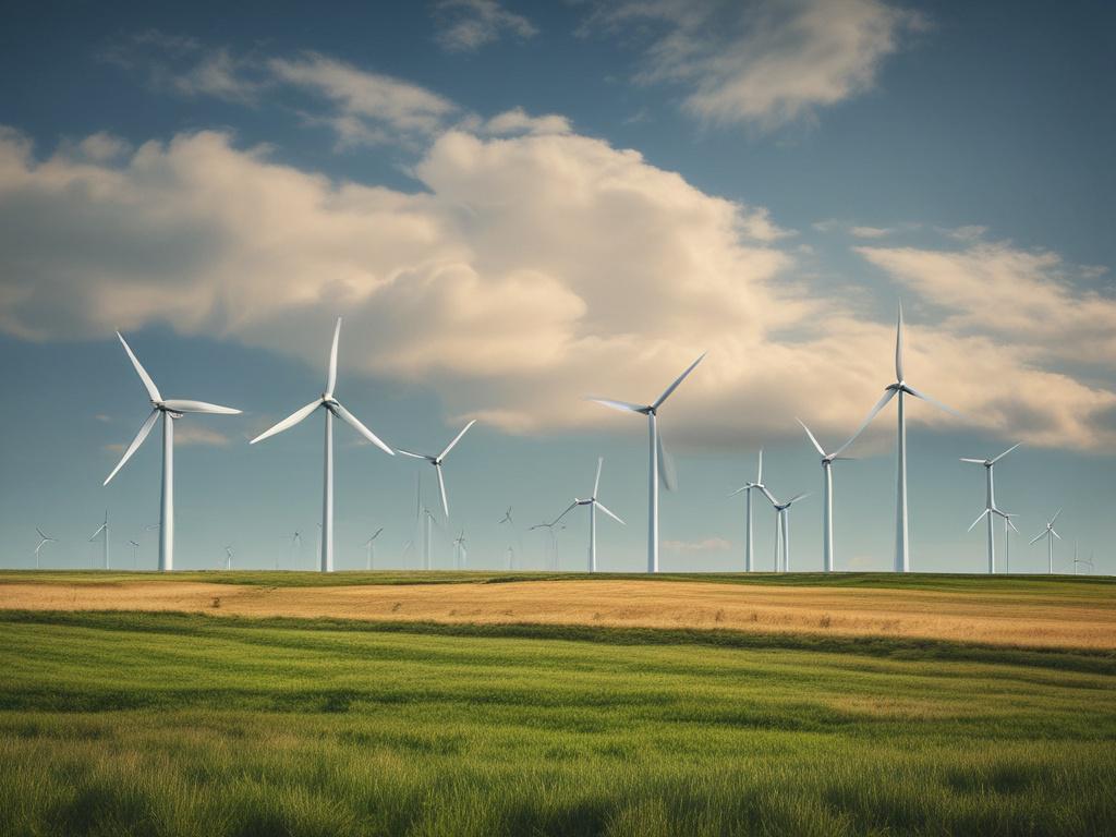 wind turbines in a commercial setting, clear blue sky, modern