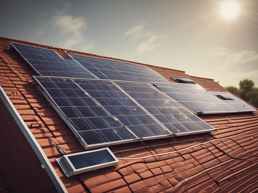 a solar panel installation on a rooftop, clear sky, natural