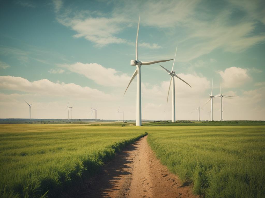 a large wind turbine in a green field, blue sky,