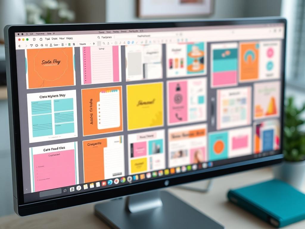 A hyper-realistic close-up shot of a computer screen displaying an array of digital product templates like planners, journals, and branding kits. The background should be softly blurred, focusing on the vibrant colors of the templates. The image should convey creativity and organization, shot with a 45mm f/1.2 lens style, and harmonize with the primary color #C31755.