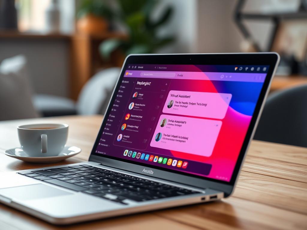 A close-up shot of a laptop with a virtual assistant interface open, showcasing vibrant task management software. The background is a cozy workspace with a blurred coffee cup, emphasizing productivity and a modern feel.