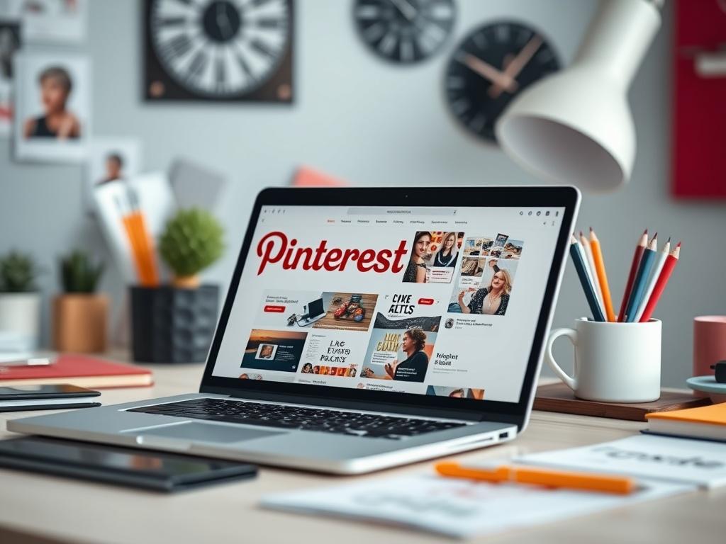 A close-up shot of a creative workspace featuring a laptop with Pinterest on the screen, surrounded by design elements. The background should be softly blurred, incorporating the primary color #C31755 in the decor.