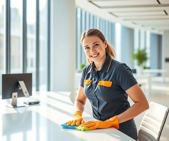 Professional cleaner working at office desk