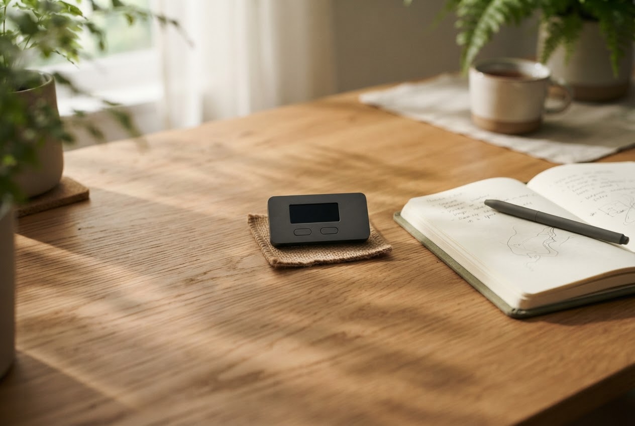 A hardware wallet and notebook on a warm wood desk in soft morning light