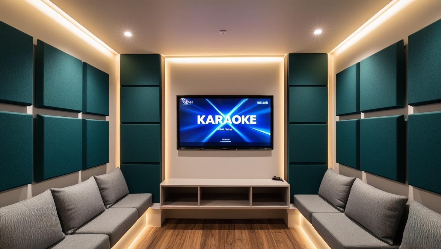 ruangan karaoke 3m x 5 m dengan panel panel peredam interior akustik, layar entertainment di tengah .jpg
