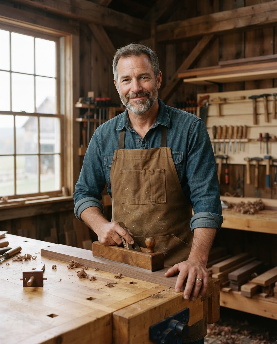 Tom Ashby, finish carpenter and co-founder, at his bench in the Kingston workshop