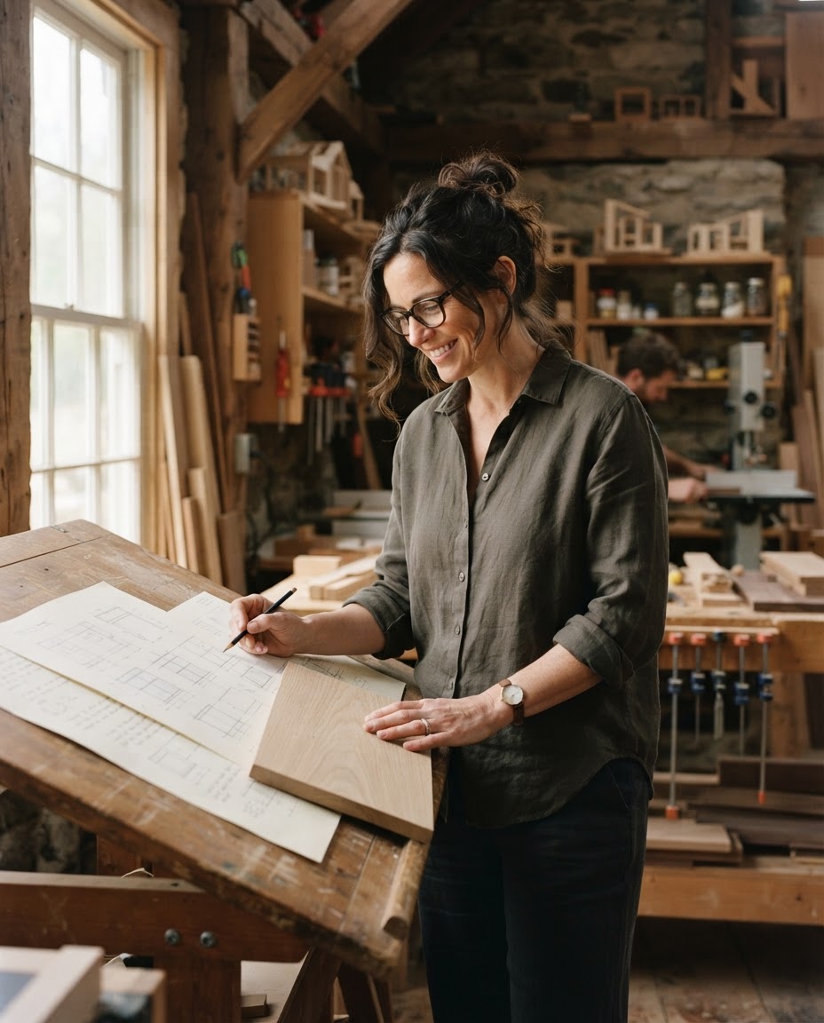 Lena Rowe, designer and co-founder, reviewing shop drawings in the studio