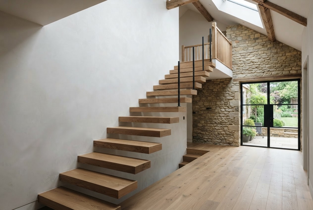 White oak floating staircase with crafted joinery in a restored Saugerties farmhouse