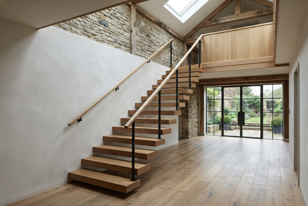 The oak staircase viewed in the wider farmhouse interior
