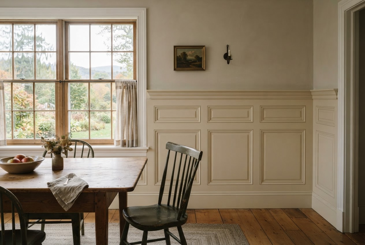 Painted frame-and-panel wainscoting in a historic room