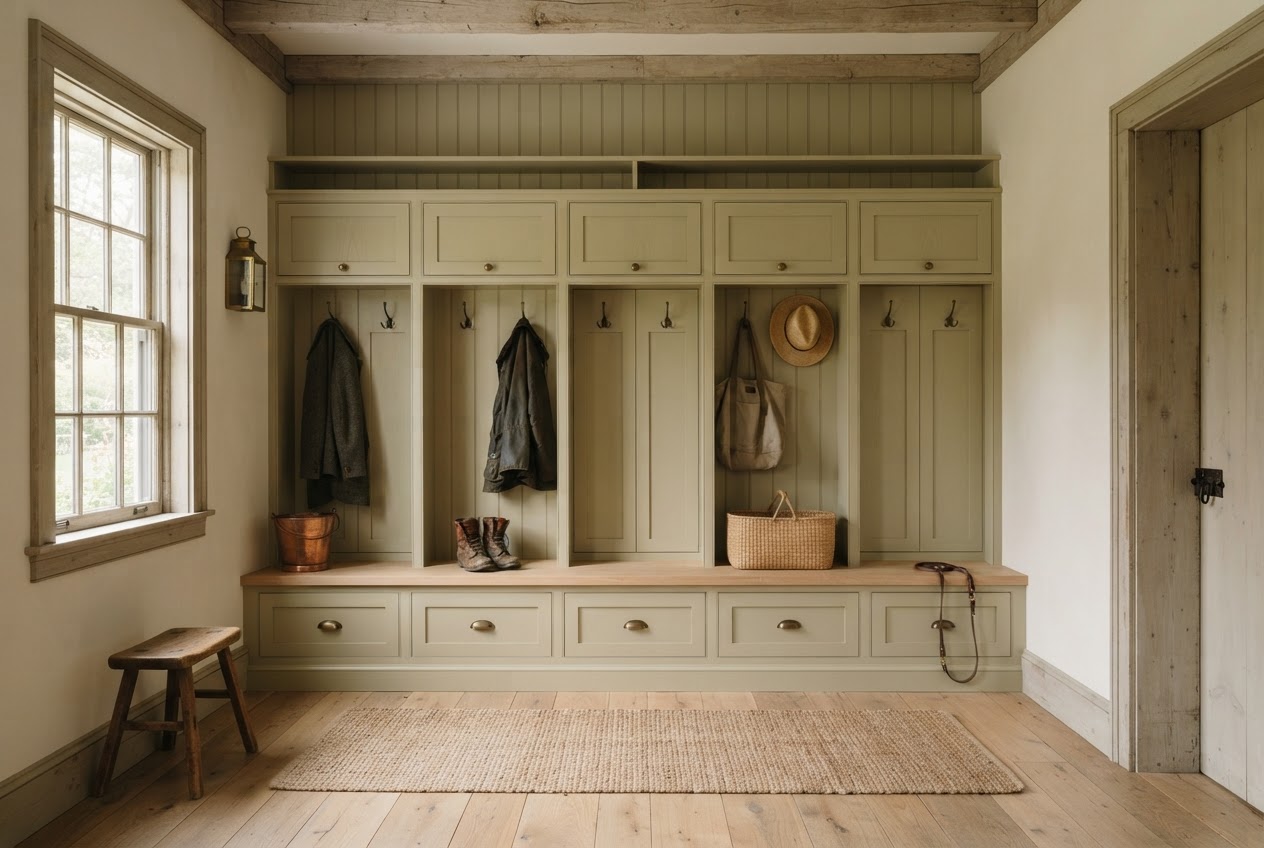 The painted oak mudroom and built-in bench