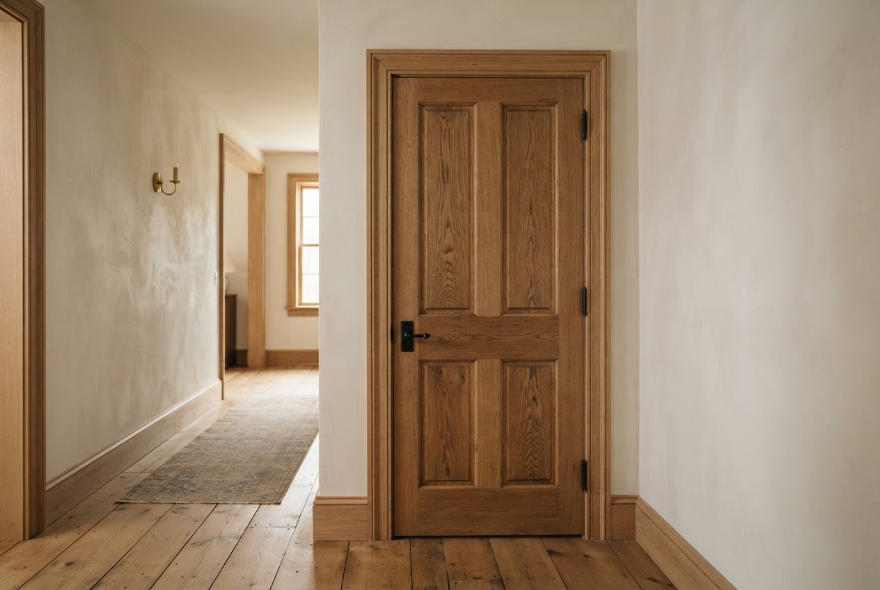 A handmade paneled wooden door in a period home