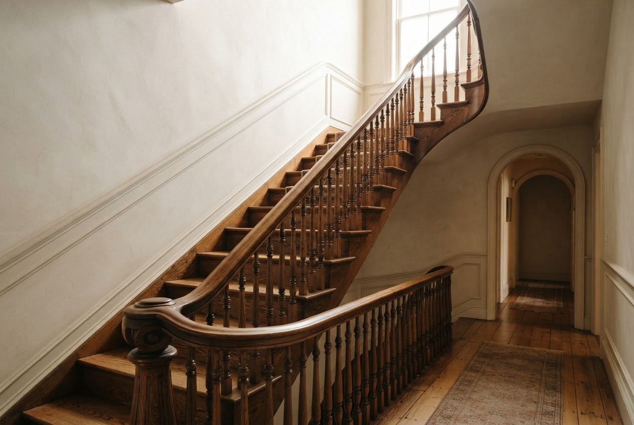 Detail of oak stair treads and a handrail