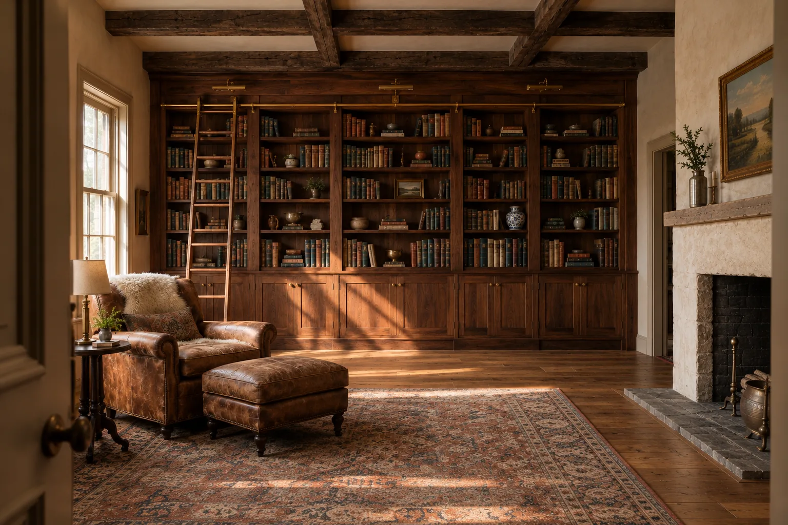 The walnut library wall in early morning light