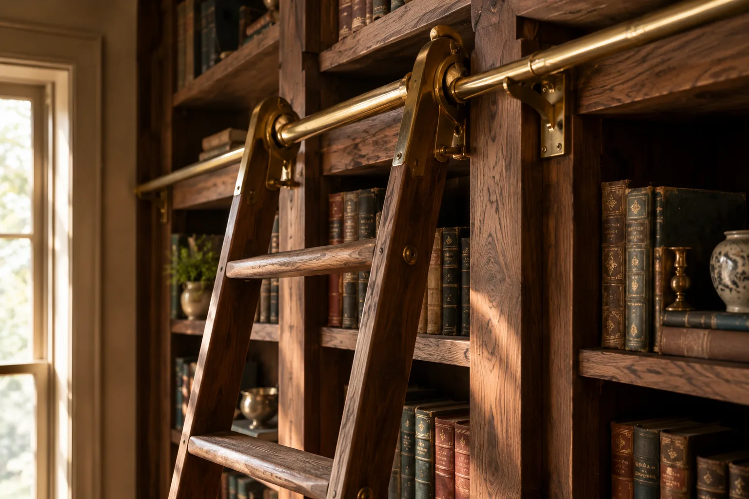 A closer view of the brass ladder and fitted walnut shelving