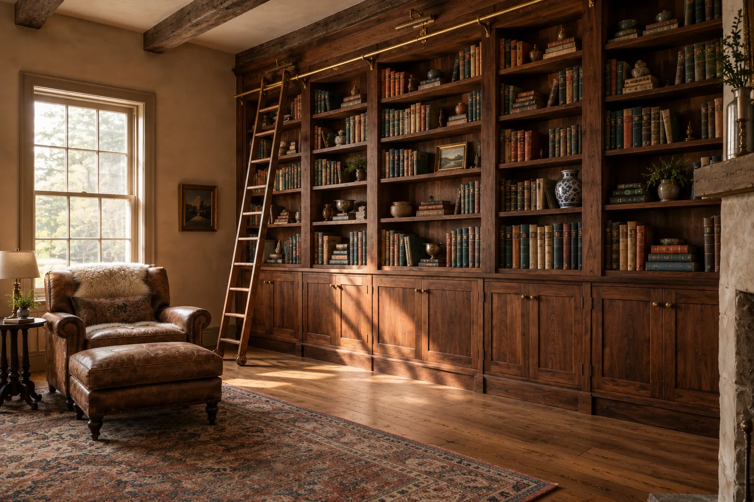 Walnut built-in library with a brass rolling ladder in a historic Hudson Valley home