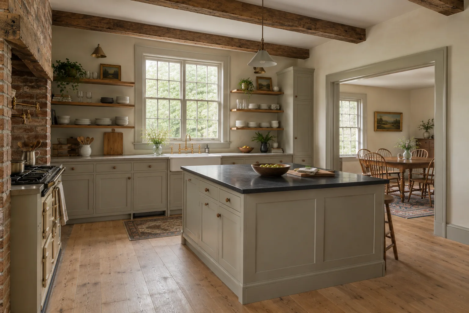 Painted Shaker-style kitchen with a soapstone-topped island in a Hurley farmhouse