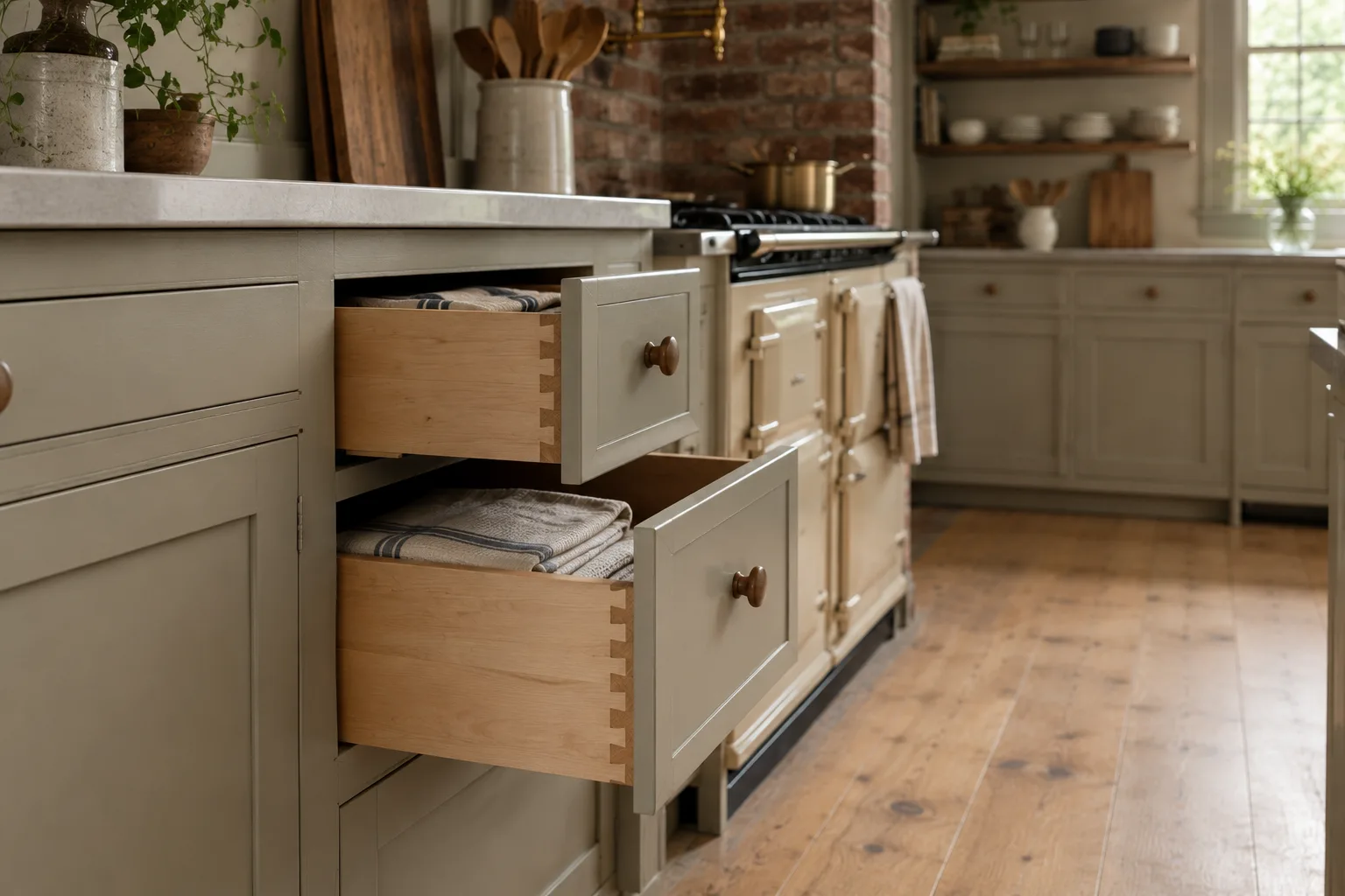 Dovetailed maple drawers and inset doors in the Hurley kitchen