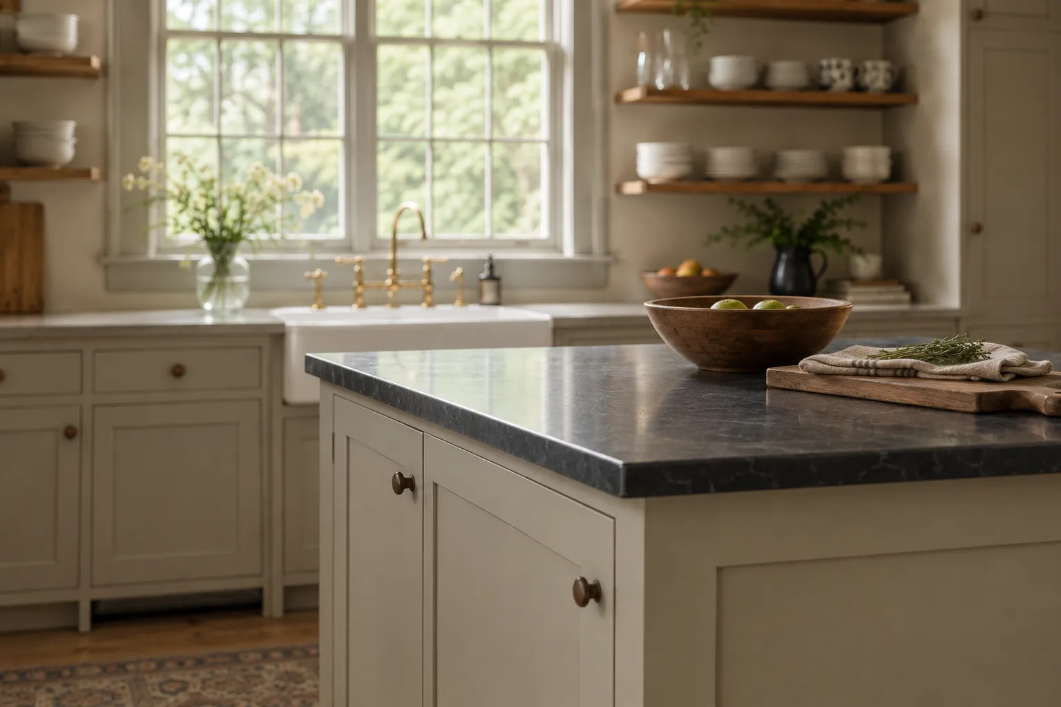 The painted maple island with a soapstone top and walnut knobs