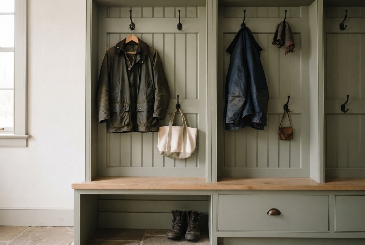 A waxed jacket and canvas bag on iron hooks set at two heights above the oak bench in the Kingston mudroom