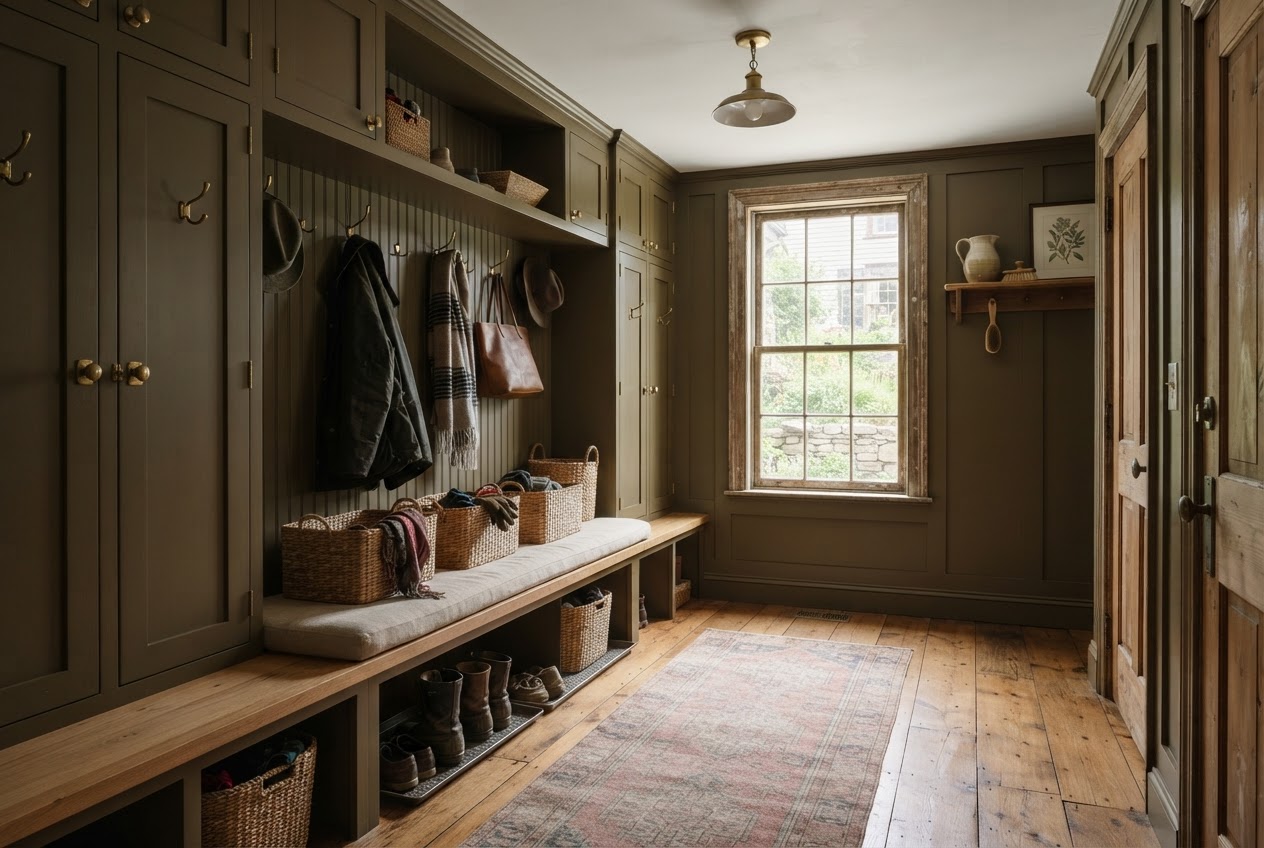 Custom oak mudroom with built-in bench, lockers and brass hooks