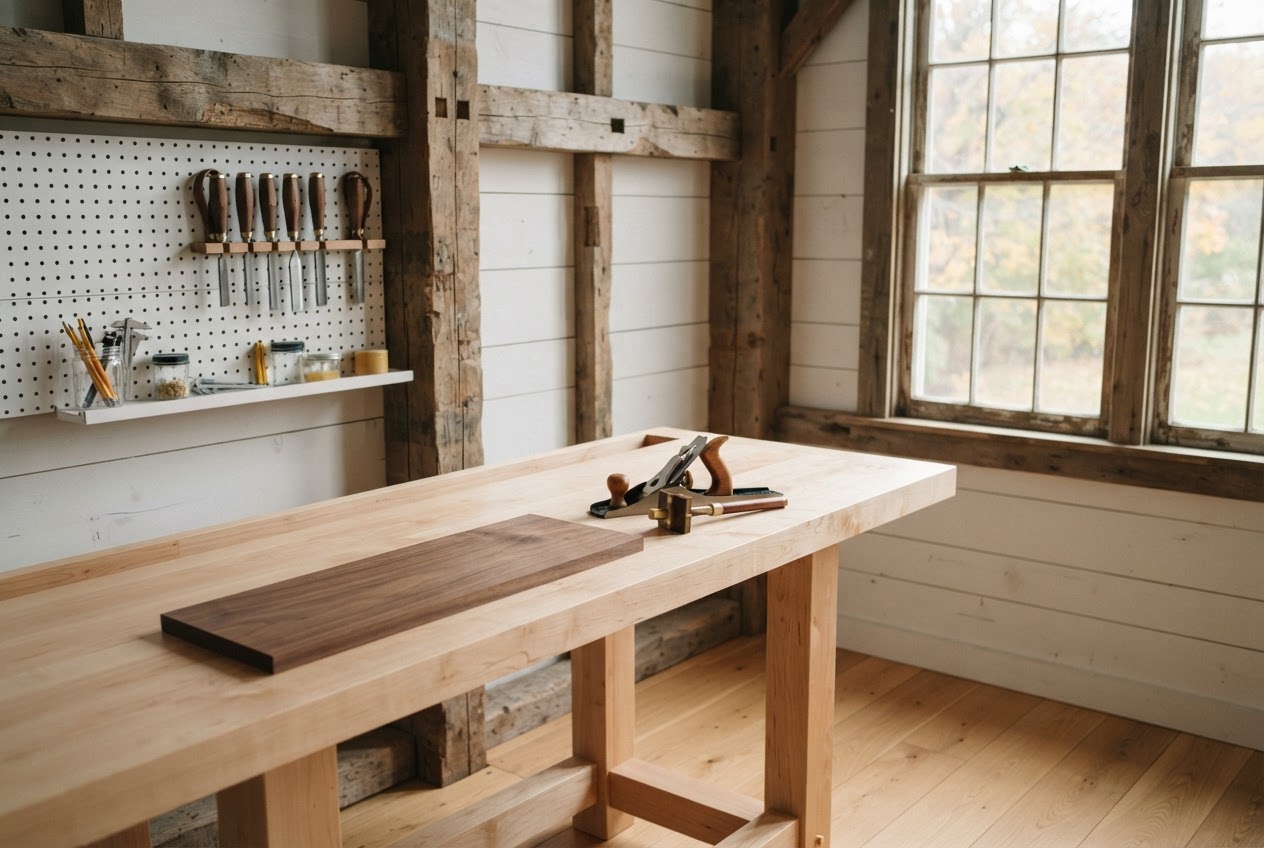 Walnut boards and hand tools on a joiner's workbench