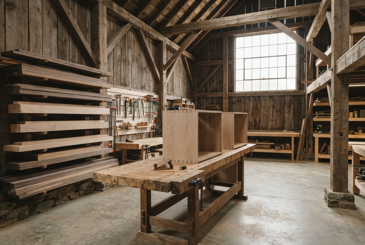 Oak cabinet components arranged on the broad workshop bench