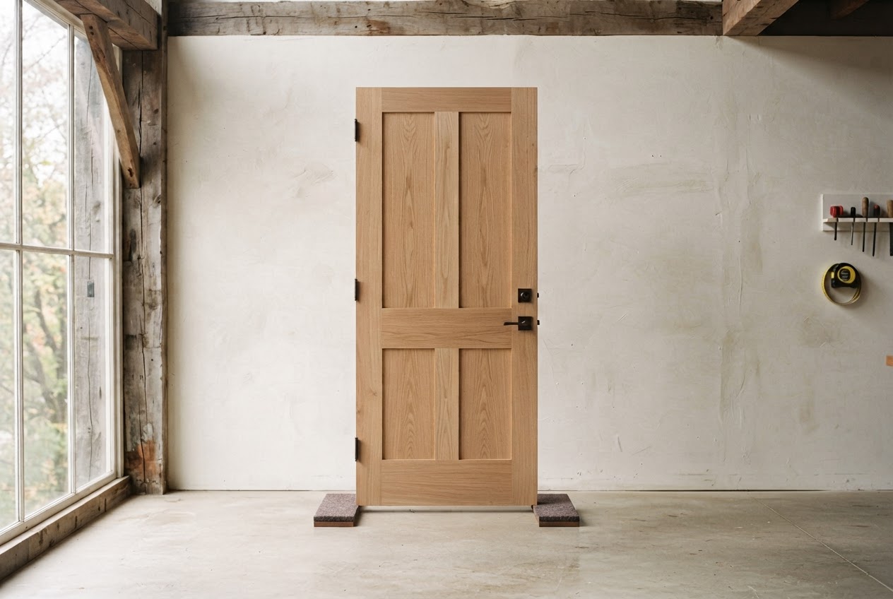 A handmade paneled door in the Ashby & Rowe joinery shop
