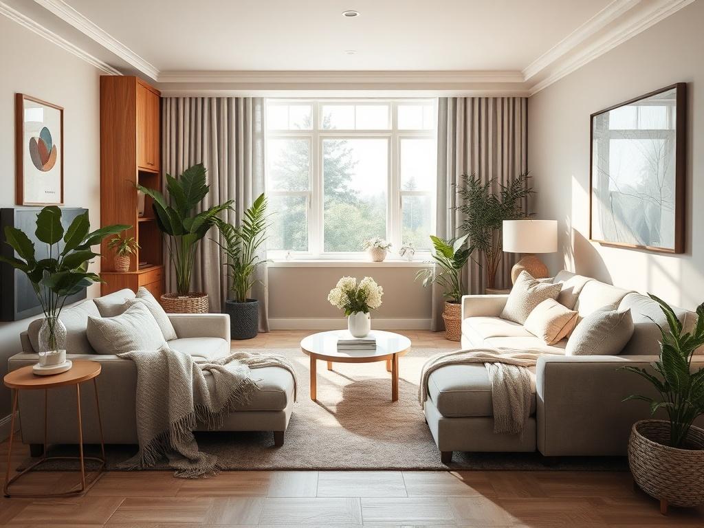 A beautifully designed private room in a shared living space, featuring elegant furnishings and a serene ambiance. The room should have soft, inviting colors, ample natural light, and personal touches that reflect comfort and luxury. Incorporate elements like cozy blankets and plants to enhance the peaceful atmosphere, appealing to those seeking a premium independent living experience.