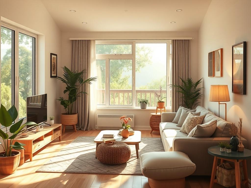 A peaceful shared living space designed for responsible adults. The image should feature a cozy, well-maintained living room with soft lighting, comfortable furniture, and warm colors. A large window should let in natural light, showcasing a serene outdoor view. Include personal touches like plants and artwork on the walls to create a welcoming atmosphere. The composition should focus on the inviting space, emphasizing community and comfort.