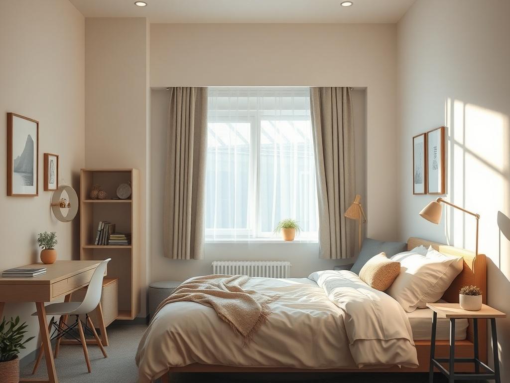 An inviting private bedroom with soft, neutral colors and a comfortable bed. The room includes personal decor items, a small desk, and a window with natural light streaming in. Gentle lighting creates a soothing ambiance, making it ideal for relaxation. The background should hint at a communal area, emphasizing a sense of community while maintaining the privacy of the room. The overall feel should be peaceful and welcoming for responsible adults.
