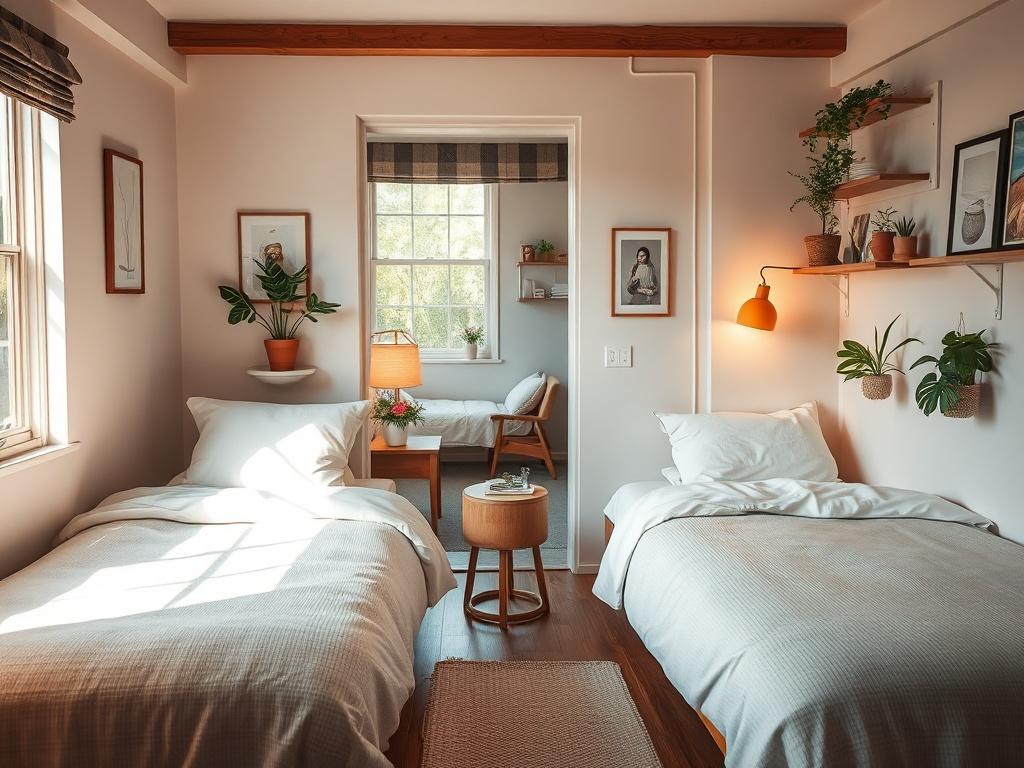 A cozy shared living space featuring two well-maintained beds, warm lighting, and personal touches like plants and artwork. The room should convey a sense of community, with a small communal area in the background. Soft tones and gentle lighting create a welcoming atmosphere, reflecting a peaceful environment for responsible adults. The walls are painted in soft colors to enhance tranquility, with a window allowing natural light to flow into the space.