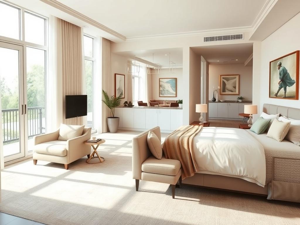 A spacious private suite featuring elegant decor, a comfortable bed, and a cozy seating area. The suite is bathed in natural light from large windows, creating an inviting atmosphere. Soft tones and gentle lighting enhance the overall comfort, while tasteful artwork adds character. The background should subtly showcase shared living spaces, emphasizing the blend of privacy and community. The image should convey a high standard of living for responsible adults.