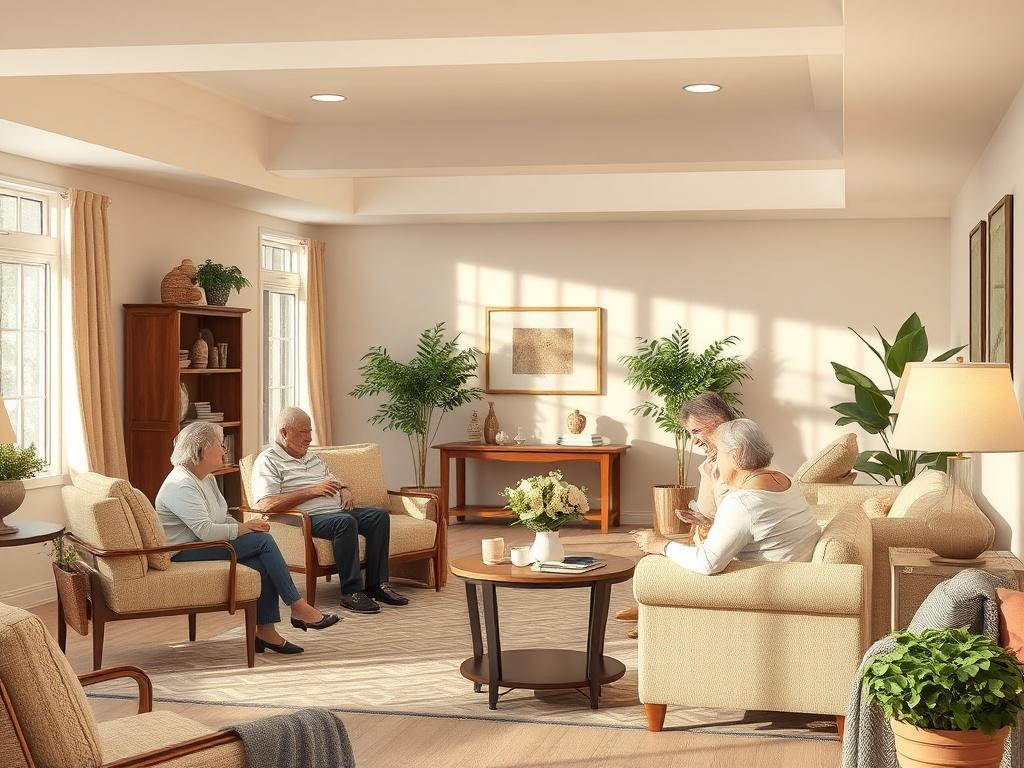 A serene residential living space with soft lighting, showcasing a cozy common area where adults engage in casual conversations. The setting should reflect a sense of community and stability, with gentle decor and clean surroundings. The atmosphere should be peaceful and inviting, emphasizing independent living with a focus on safety and respect among residents.