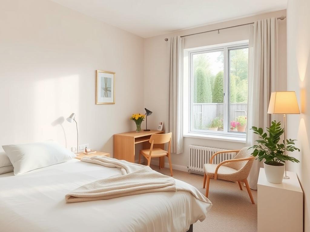 A serene private room designed for independent living, showcasing a neatly made bed with soft linens, a small desk, and a cozy reading nook by the window. The room is filled with natural light, creating a peaceful atmosphere. The walls are adorned with soft colors, and a few personal touches are visible, emphasizing individuality while maintaining a clean and respectful environment. The background includes a glimpse of a well-maintained garden outside the window, enhancing the sense of tranquility.
