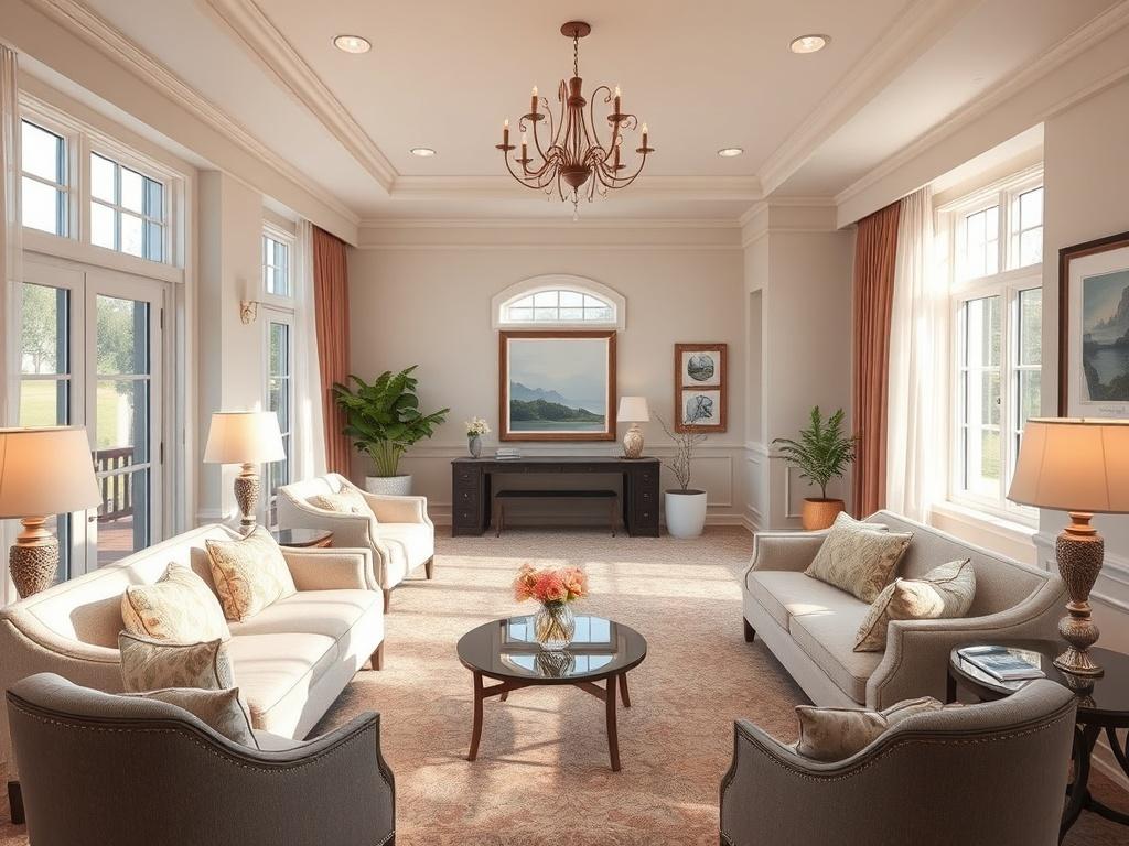 A luxurious private suite in an independent living residence, featuring elegant furnishings and soft, inviting colors. The room is spacious, with large windows allowing natural light to flood in. Comfortable seating and tasteful decor create an atmosphere of tranquility. The suite embodies a peaceful living space aligned with the primary color #FF6E4E, enhancing the homey feel.