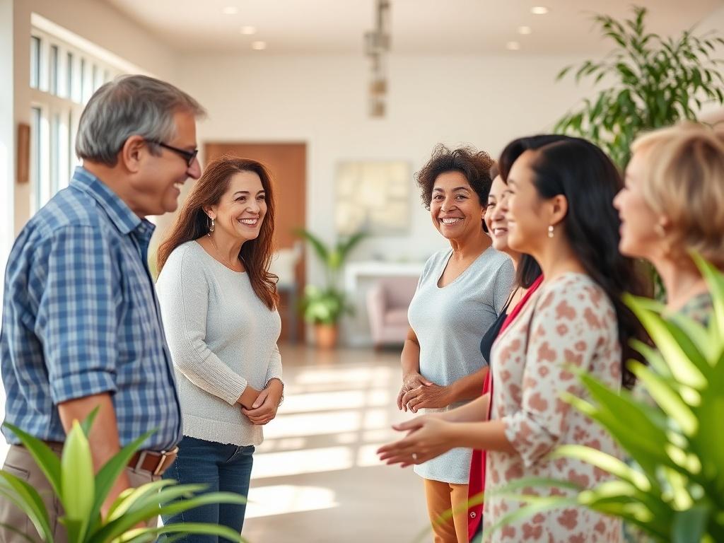 A cheerful scene of new residents being welcomed by staff in a bright, friendly common area filled with plants and light.