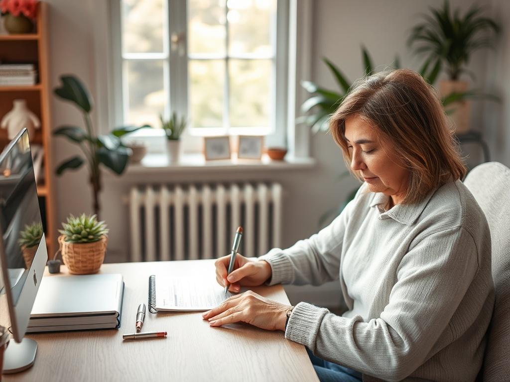 A resident filling out an application form at a cozy desk, surrounded by calming decor and natural light.