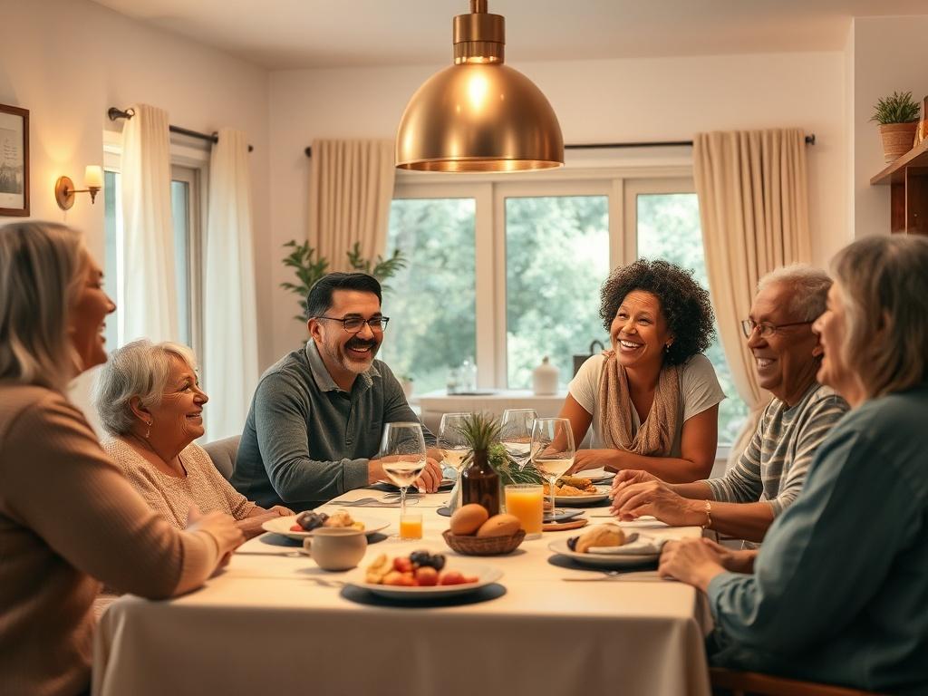 A cozy communal living space with adults of diverse backgrounds sharing laughter around a dining table, warm lighting creating a welcoming atmosphere, soft tones in the decor, emphasizing unity and community.