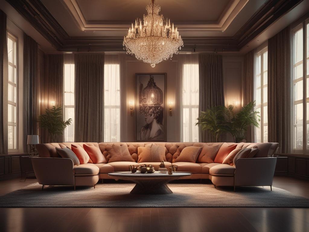 A sophisticated woman sitting elegantly on a plush sofa, engaged