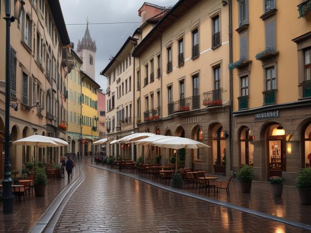Here are some keywords to generate an image that reflects the blog title "Bolzano con pioggia" (Bolzano with Rain):

1. Bolzano cityscape
2. Rainy day
3. Umbrellas
4. Wet streets
5. Historic architecture
6. Mountain backdrop
7. Reflections in puddles
8. Cozy café
9. Raindrops on window
10. Colorful houses
11. Grey clouds
12. People in raincoats
13. Misty atmosphere
14. Nature and greenery
15. Soft light