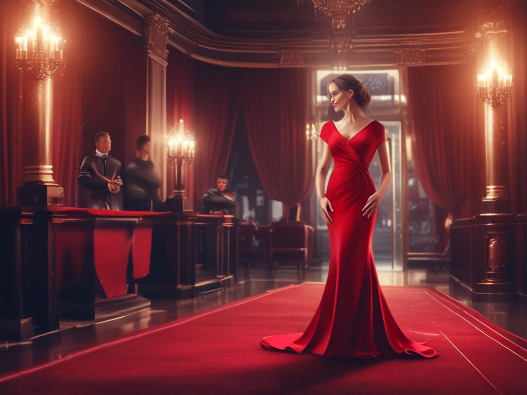 An elegant woman in a chic evening gown, standing on