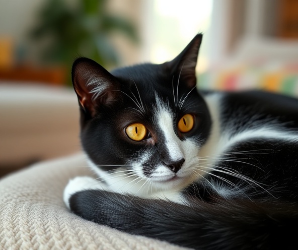 Oreo, a black and white tuxedo cat with golden eyes