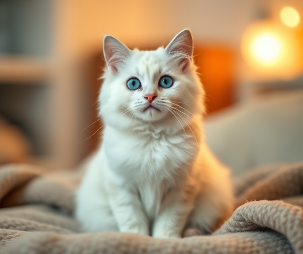 Snowball, a long-haired white cat with blue eyes