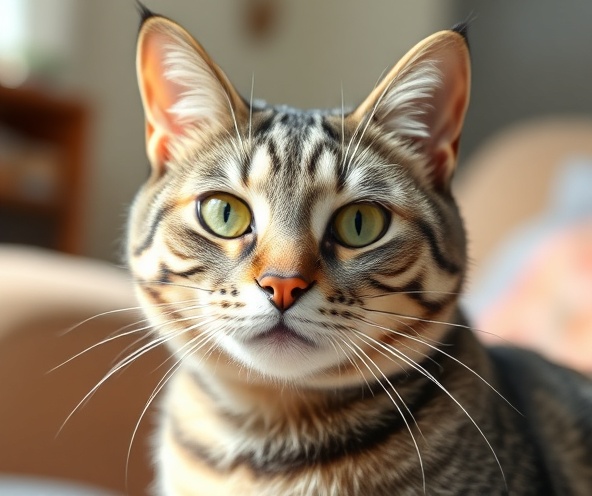 Shadow, a large gray tabby cat with a calm expression