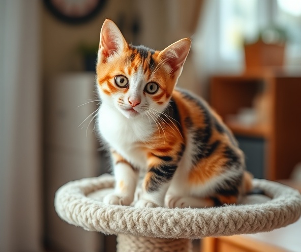 Patches, a playful calico kitten with orange, black, and white fur